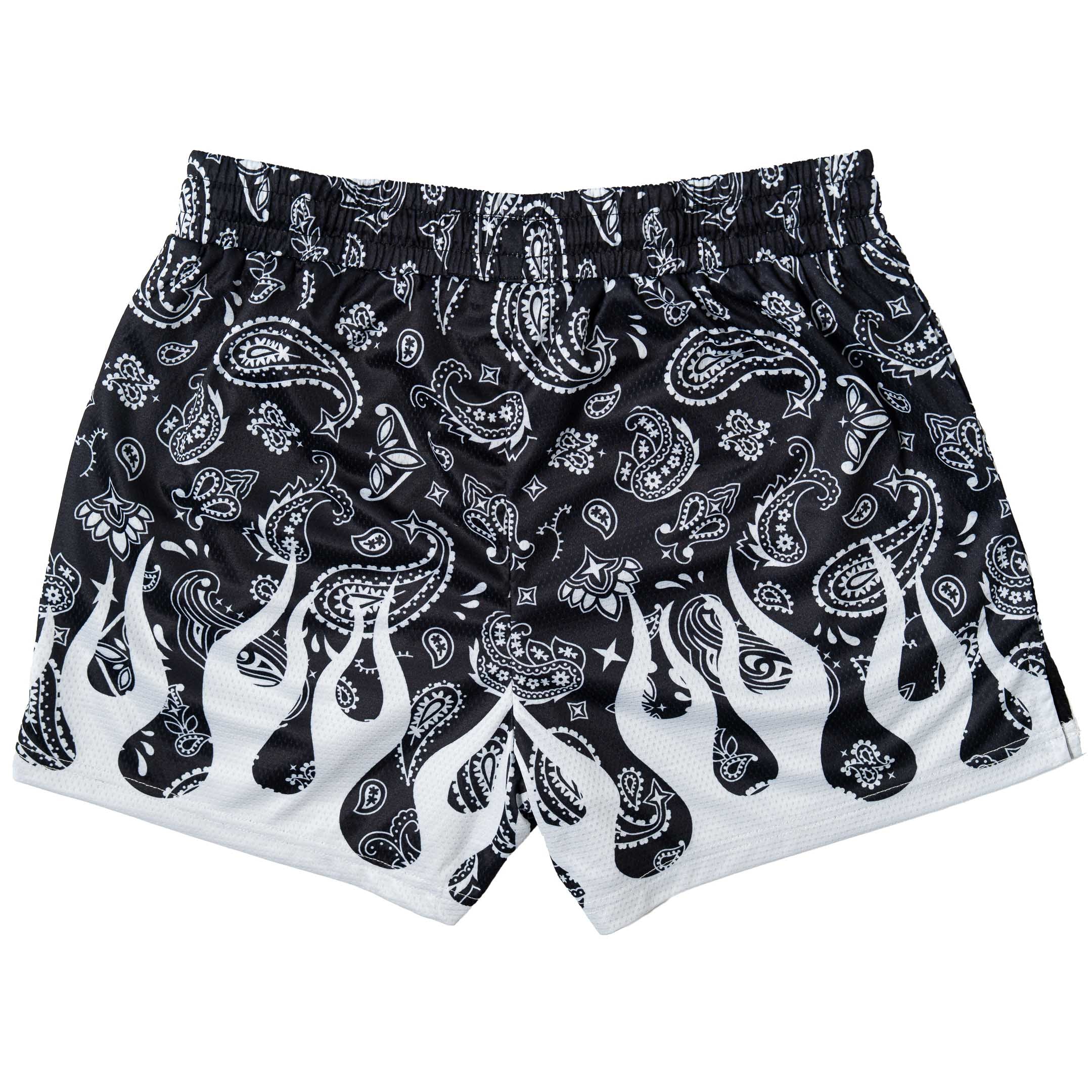 MUAY THAI SHORTS (MID THIGH CUT) BANDANA FLAME - BLACK / WHITE