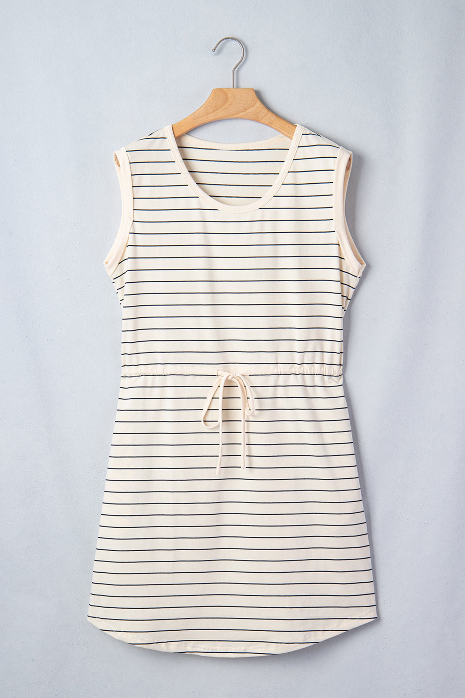 Beige Stripe Drawstring Tunic Tank Mini Dress with Pockets