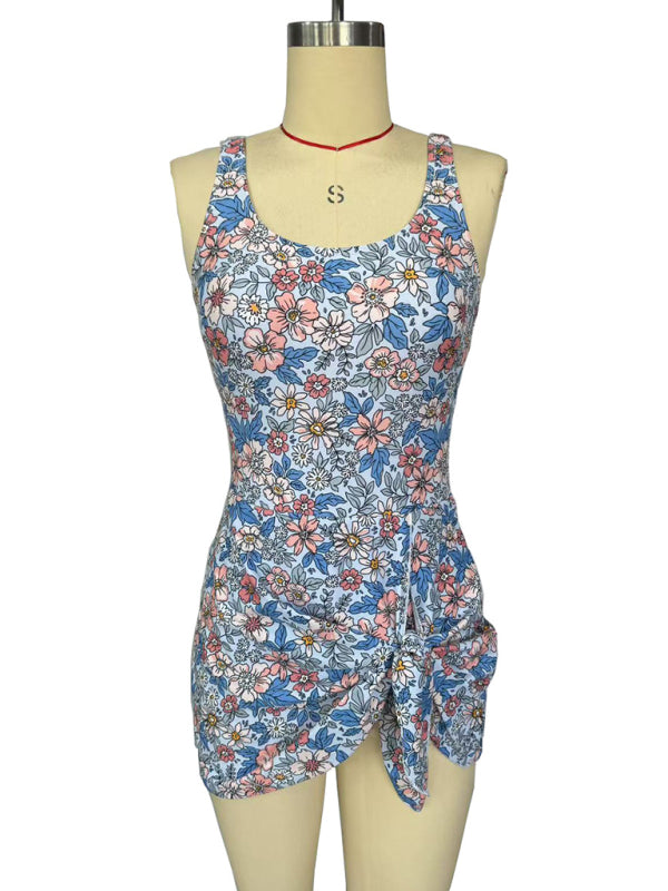 Sexy Slim Skirt Blue Floral Print One-Piece Swimsuit Bikini