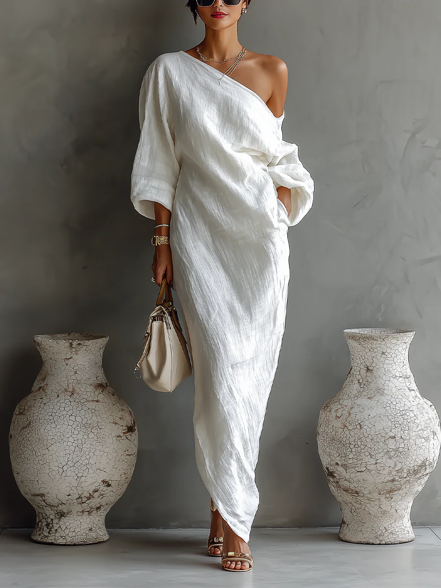 White One-shoulder Flowing Elegant Maxi Dress(No pockets)