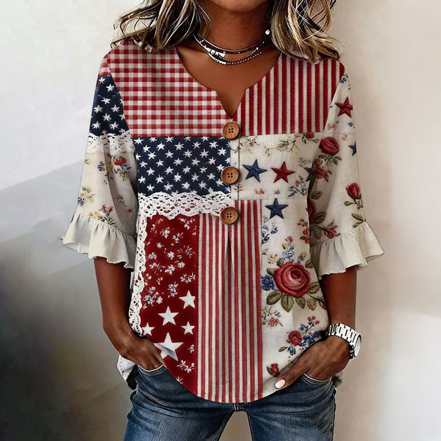 Women'S Independence Day 250Th Anniversary Flag Flower Art Retro Printed Casual Top