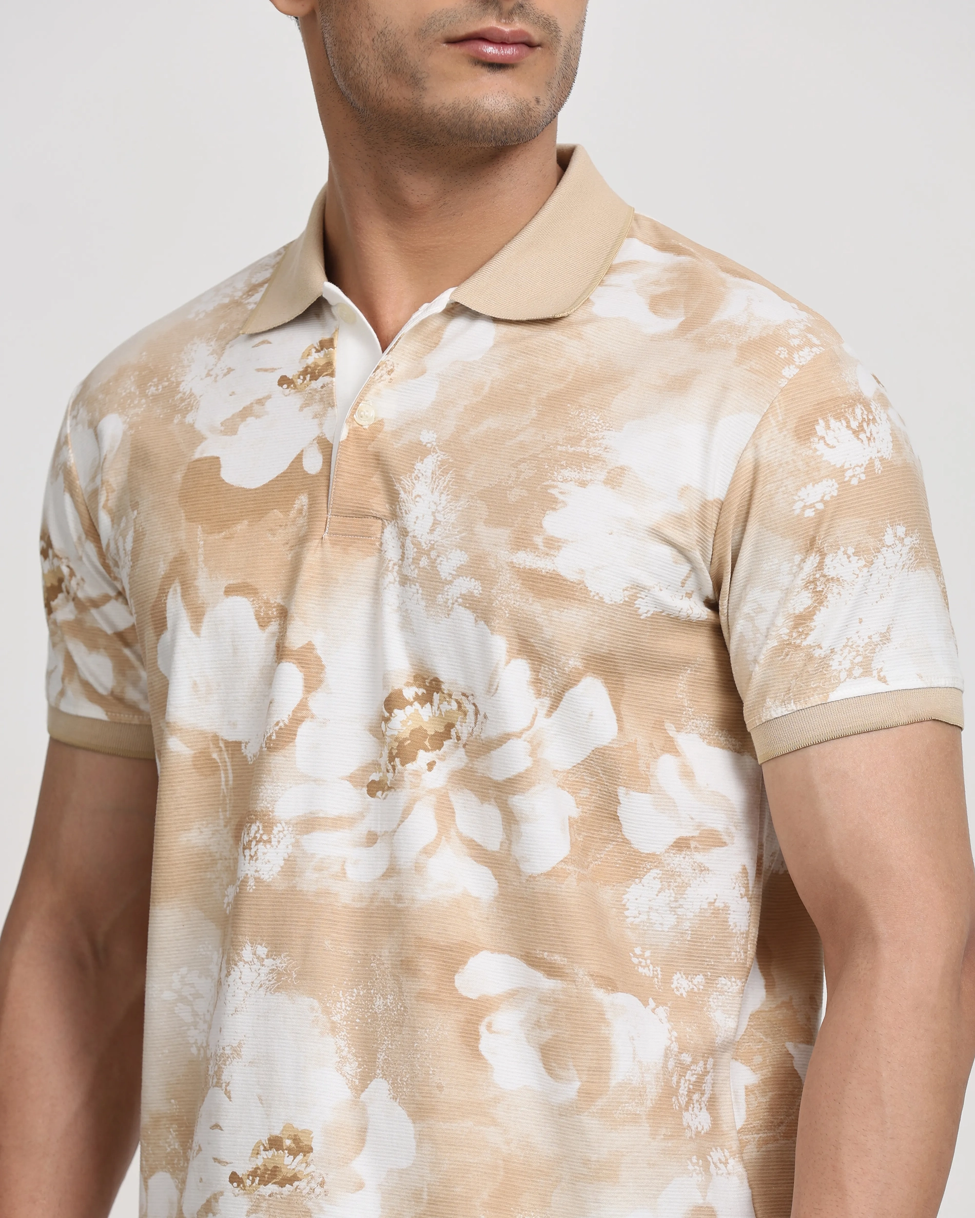Casual Minimalist British Style Beige Floral Polo Shirt