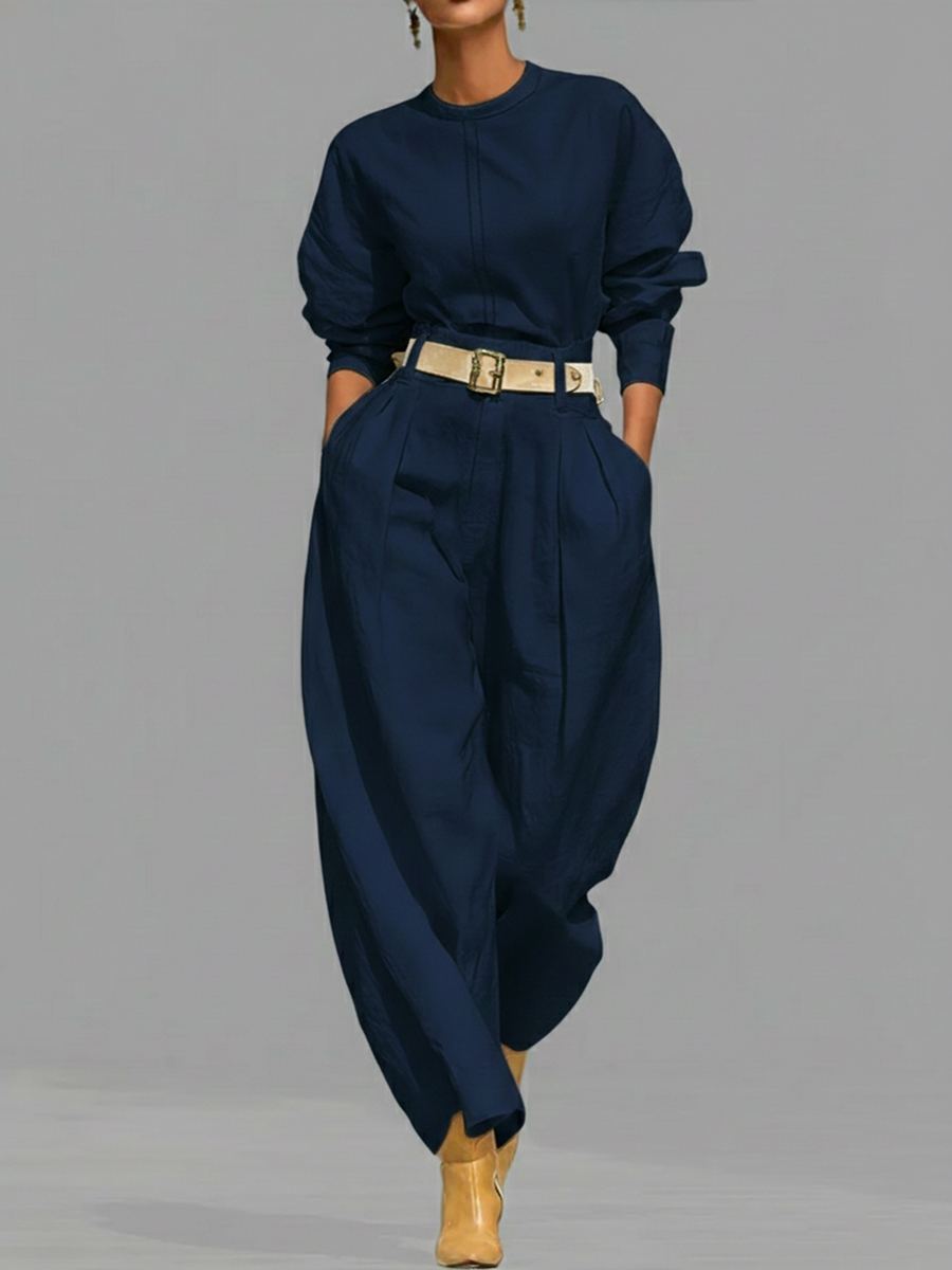 Casual Linen And Cotton Crew-neck Shirt And High-waisted Tapered Trousers Two-piece Set.
