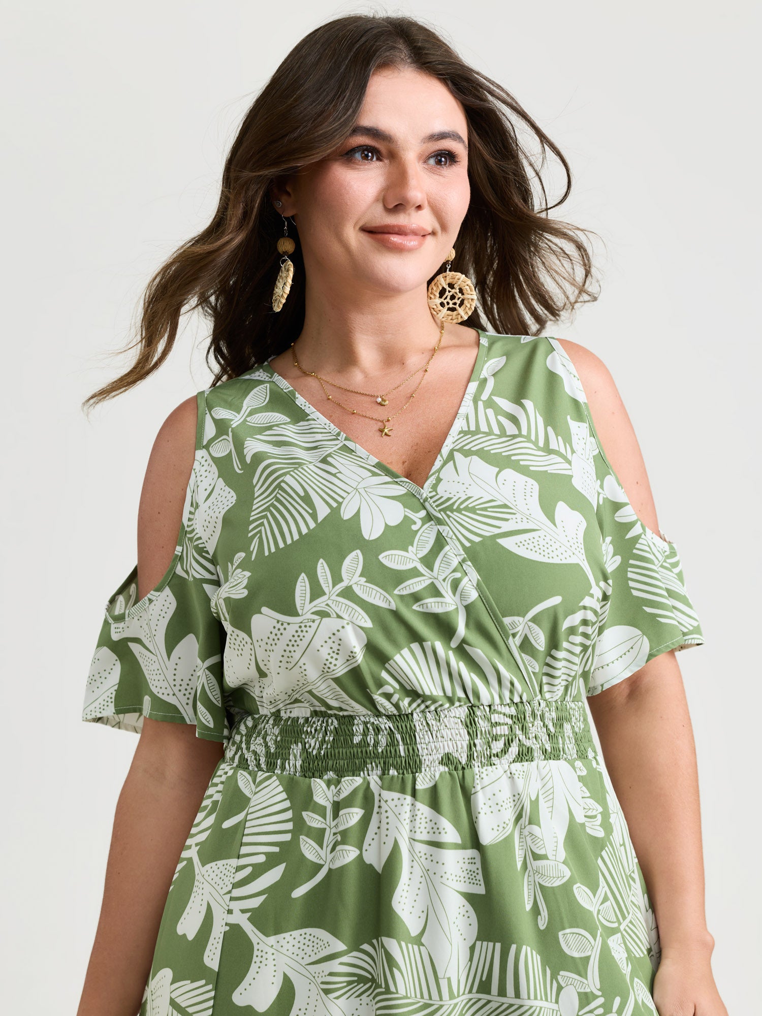 Tropical Floral Print Cut-Out Shoulder Maxi Dress