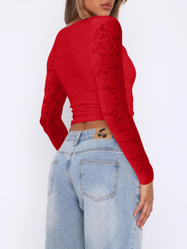 Deep V Hollow Sweet Spicy Style Lace Pullover Top
