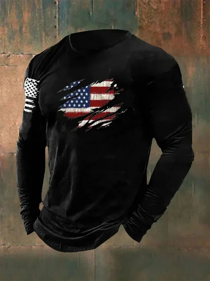 Men'S Retro American Flag Independence Day 250Th Anniversary Commemorative Edition Classic Printed Long Sleeve
