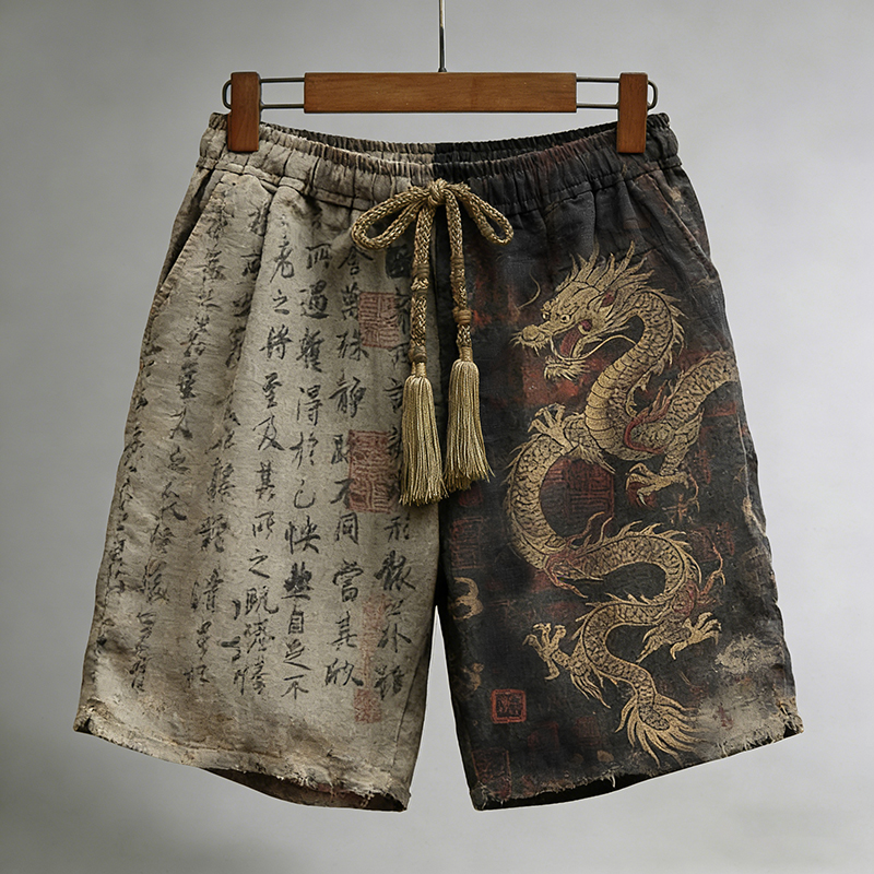 Men's Calligraphy With Dragon Art Pattern Linen Blend Casual Shorts
