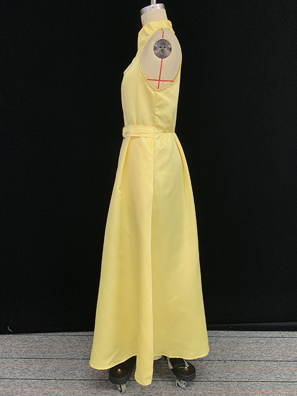 A-Line Loose Belted Pleated Pockets Solid Color V-Neck Midi Dresses