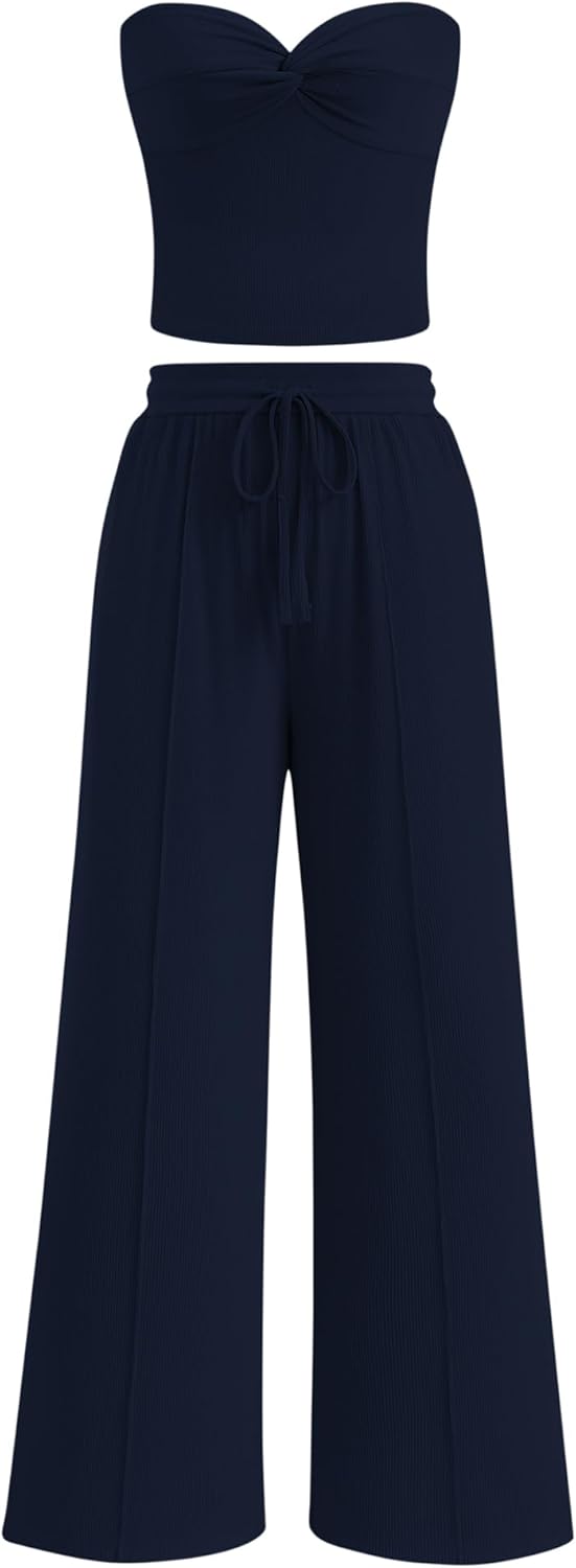 Two Piece Sets For Women Summer Ribbed Strapless Twist Knot Tube Top Pants Set Casual 2026 Beach Vacation Outfits
