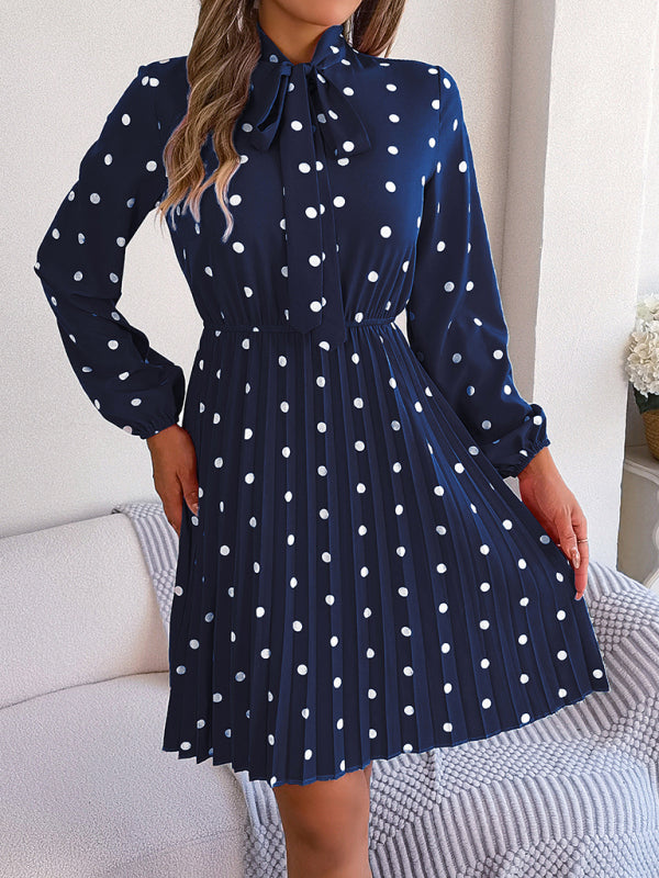 Elegant Polka-Dot Lace-Up Waist Long-Sleeved Pleated Skirt