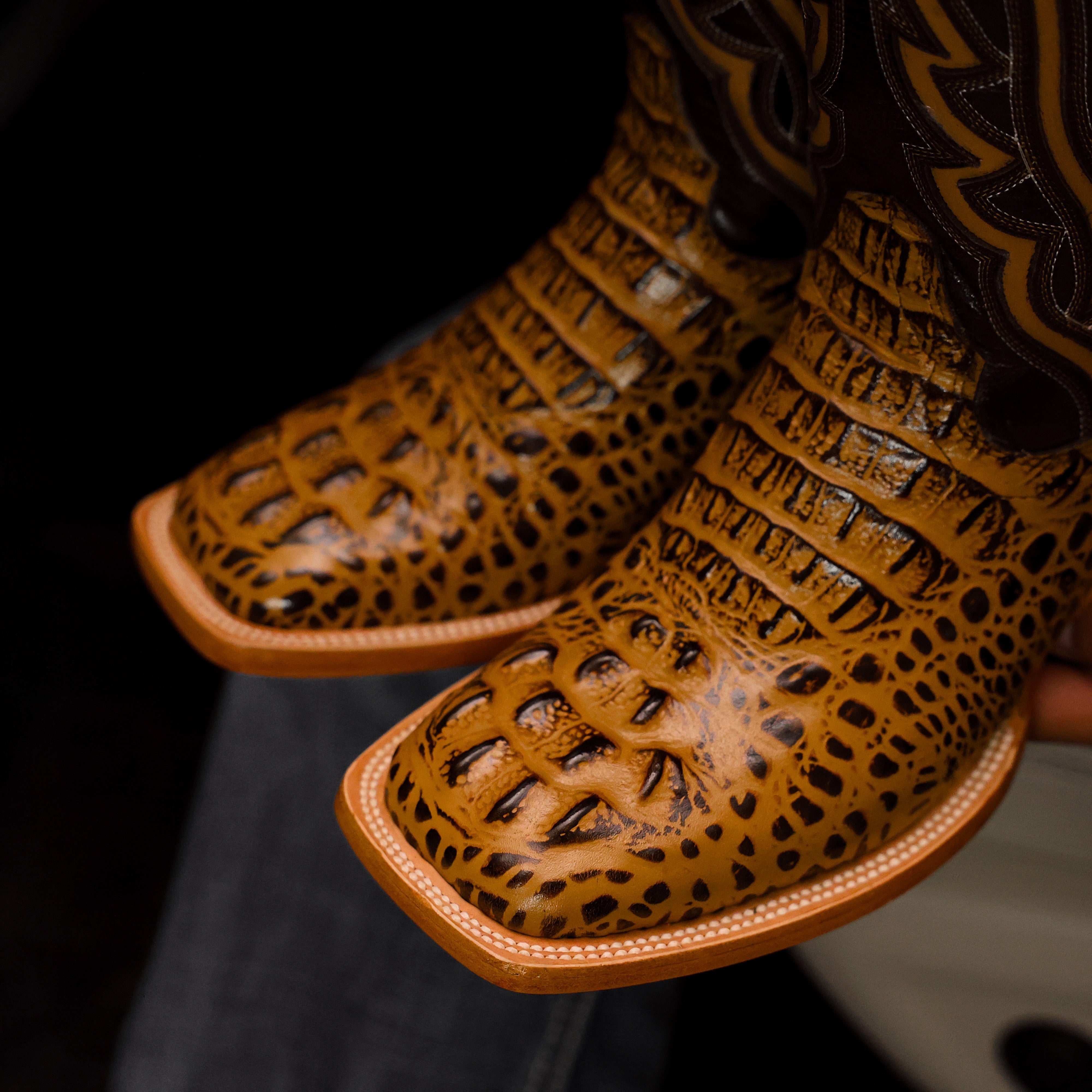 Honey Caiman Neck Leather Boots - Square Toe
