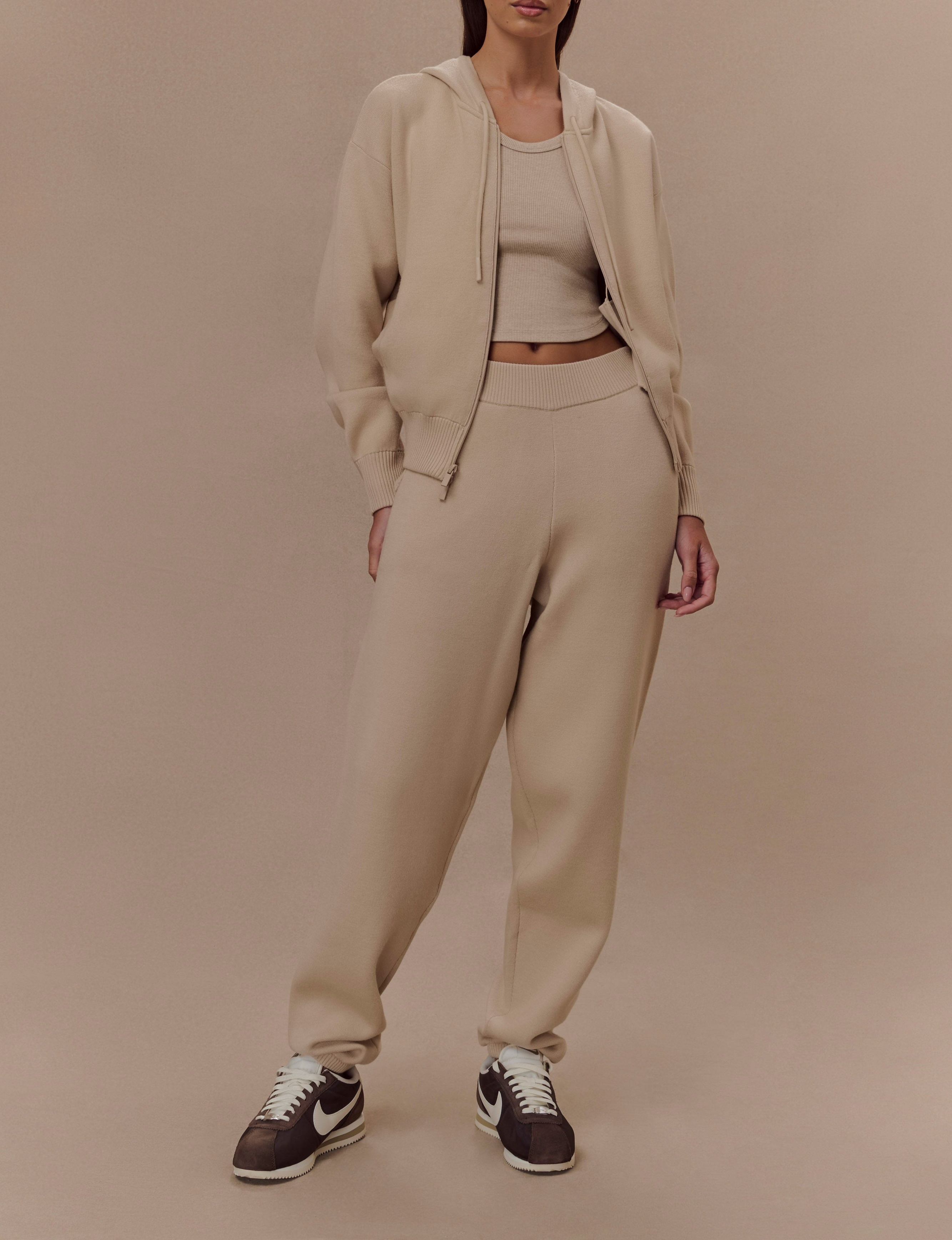 Camel Zip Front Knit Hoodie