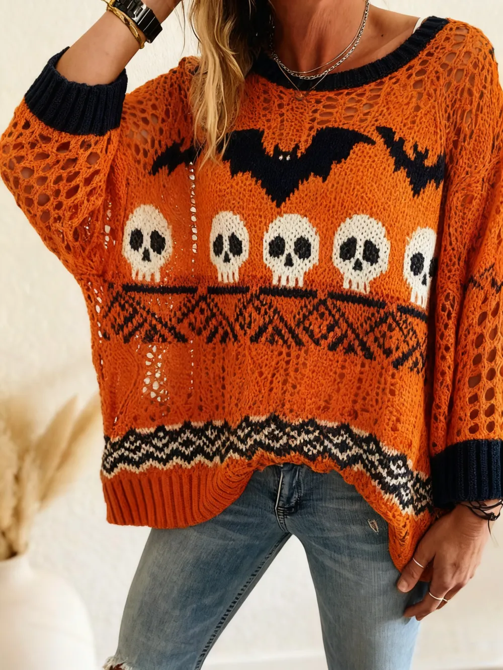 Women's Halloween Pumpkin Print Long Sleeve Knit Top