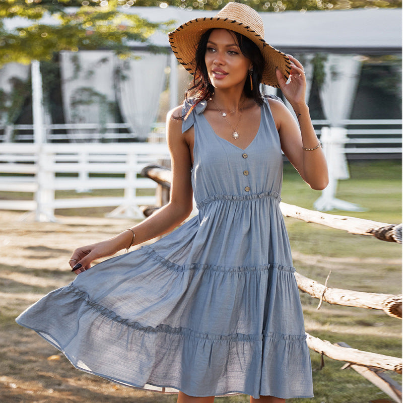 V-Neck Solid Color A-Line Skirt Vacation Dress