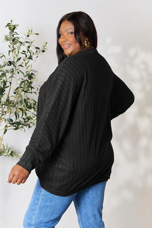 Full Size Ribbed Open Front Long Sleeve Cardigan