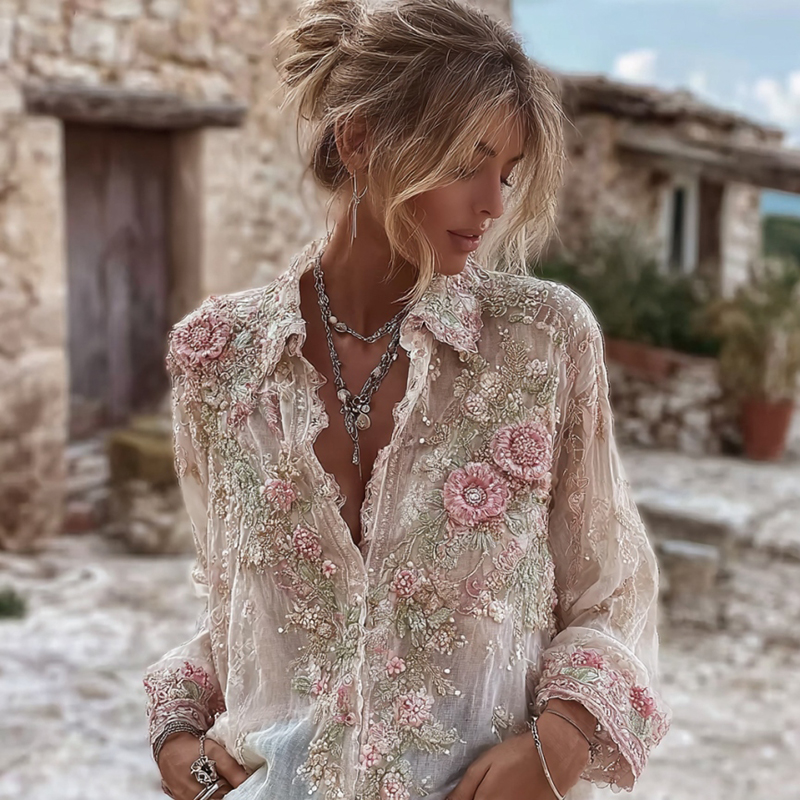 Women's Pink Rose Embroidery Art Long Sleeve Linen Blend Shirt