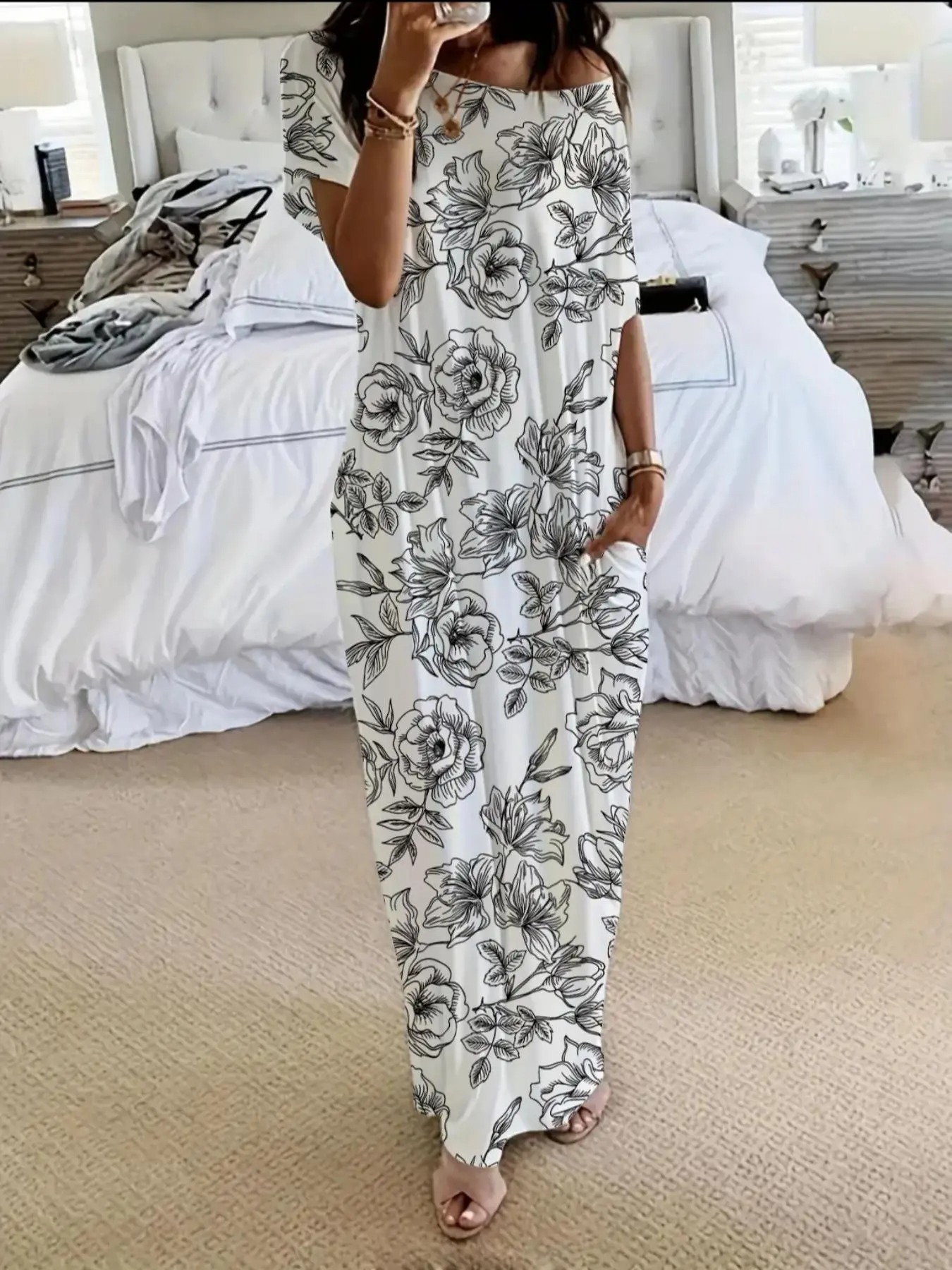 Women’s Relaxed Batwing Maxi Lounge Dress with Pockets