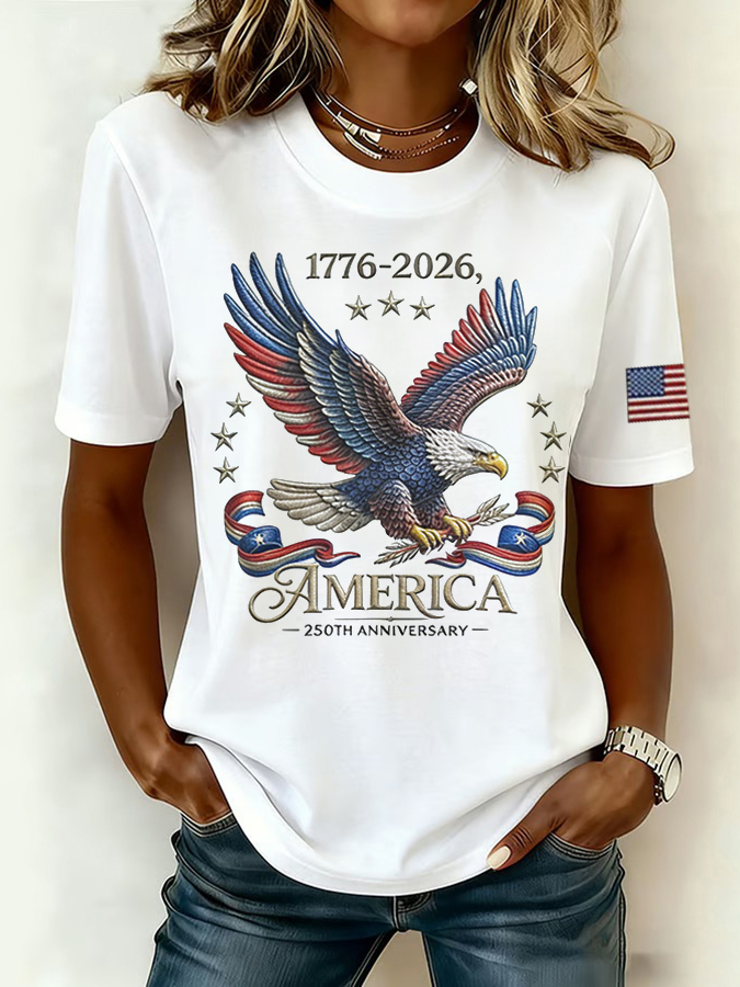 Women'S Retro American Independence Day Commemorative Printed Round Neck T-Shirt