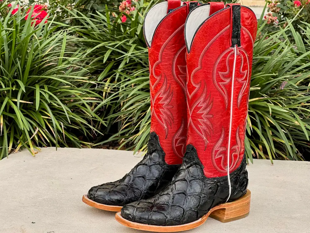 Men’s Black Pirarucu Leather Boots With Red Shaft