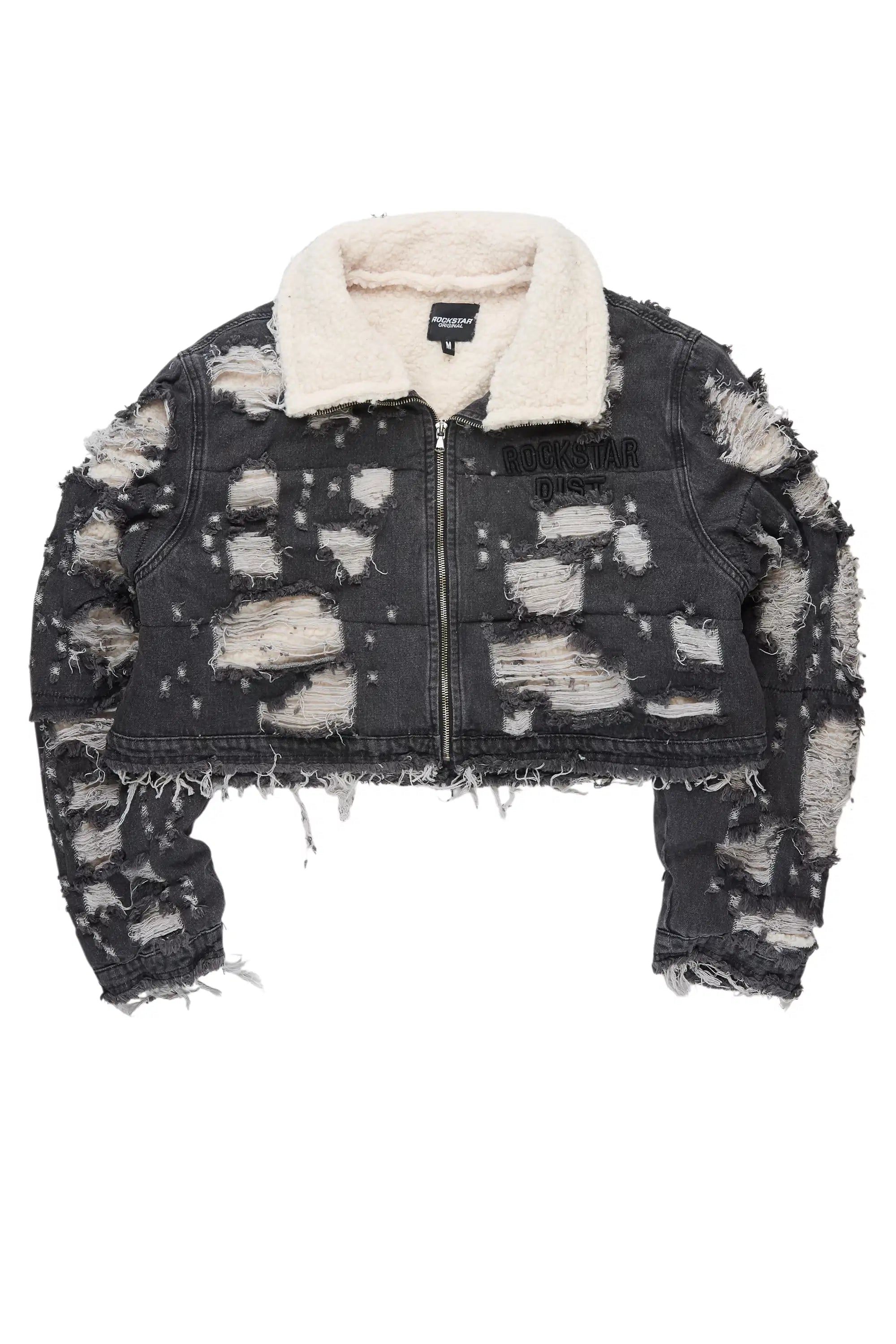 Fara Black Denim Sherpa Puffer Jacket