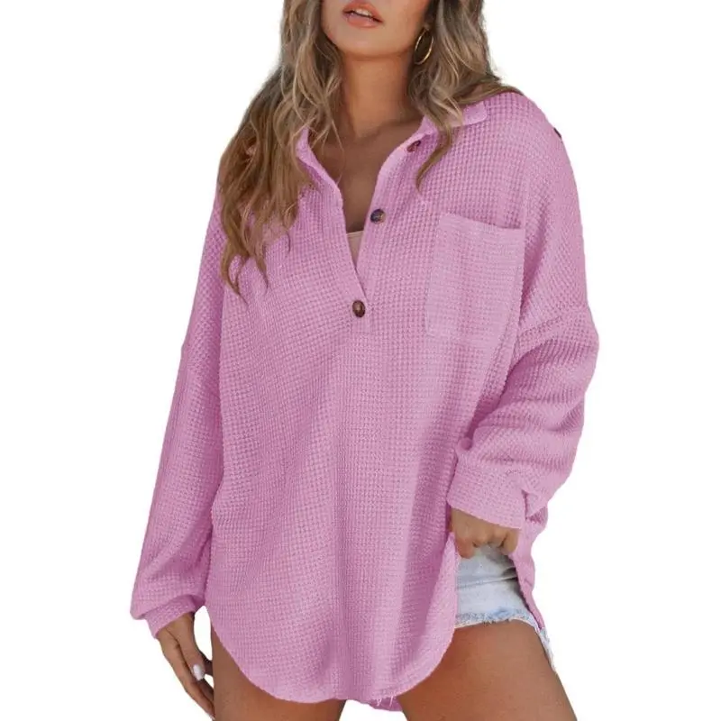 Women's Oversized Henley Waffle Shirts Tops