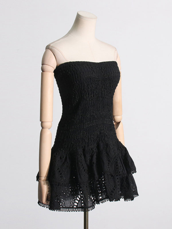 Embroidered Tube Top Dress With Hollow Ruffles And Stitching Design A-Line Skirt