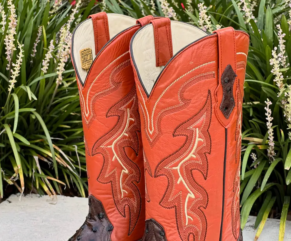 Mens Brown Ostrich Leather Boots With Orange Shaft