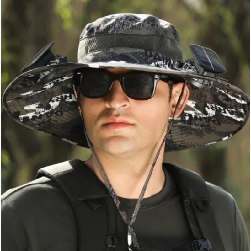 2026 Summer New Solar Powered Fan Hat with Arm Sleeves Neck Gaiter for Men Women Outdoor Wide Brim Bucket Hat with Fan for Hiking