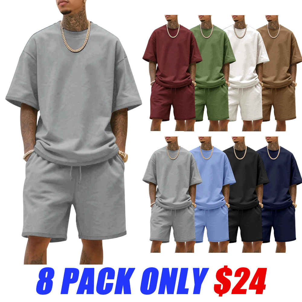 Men's Summer Casual Set, Pure Color Round Neck Short Sleeve Knit Tee & Shorts, Classic Loose Fit Sportswear