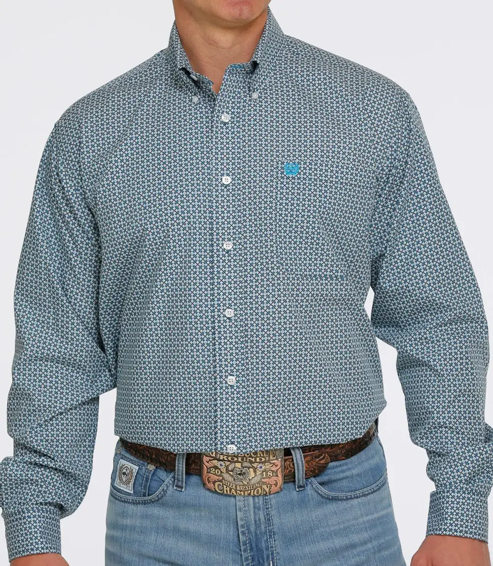 Men’s Cinch Blue Geo Print Long Sleeve Button Down Shirt