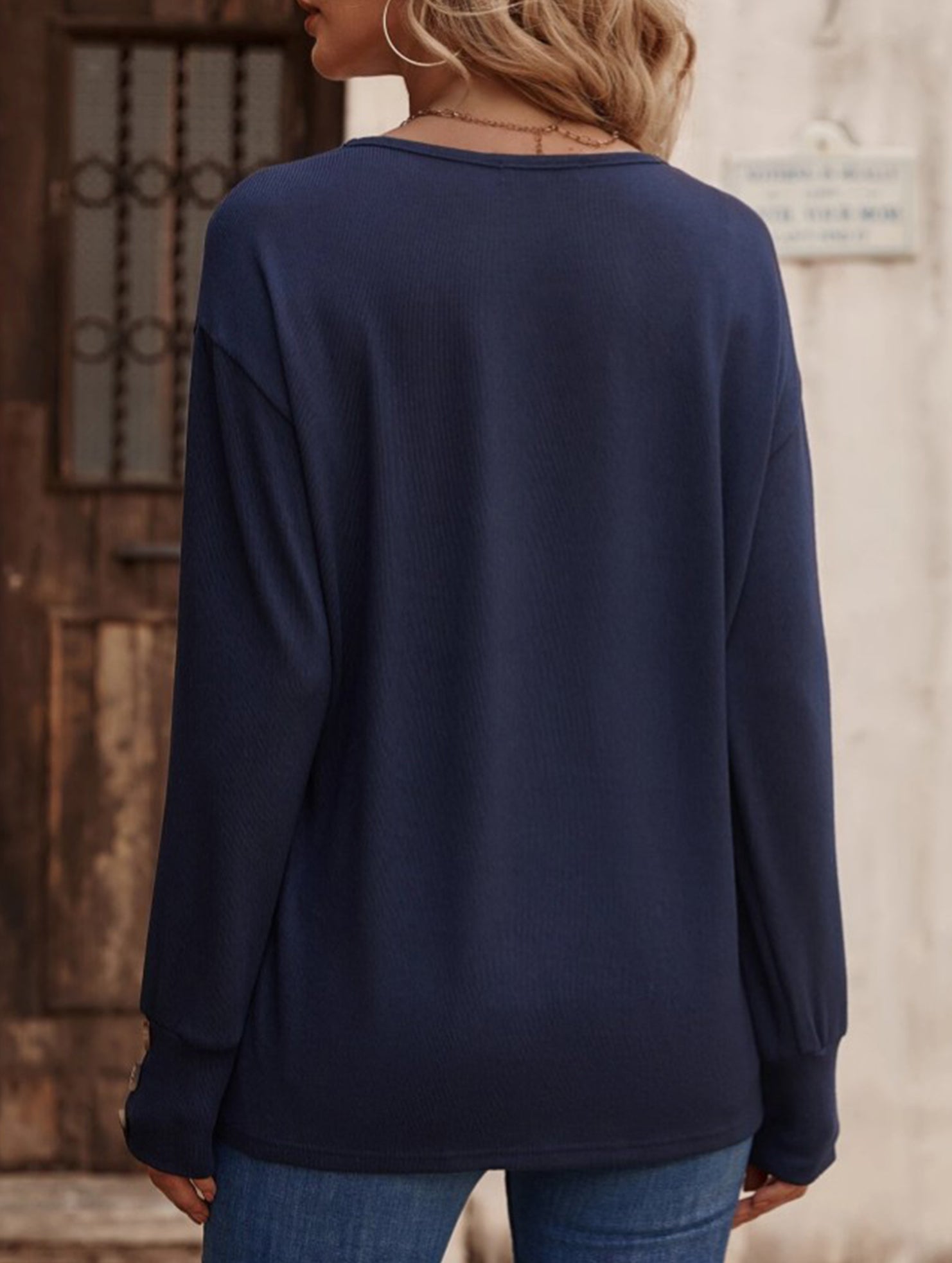 Solid V Neck Button Loose Long Sleeve Tee_CWTTL01231