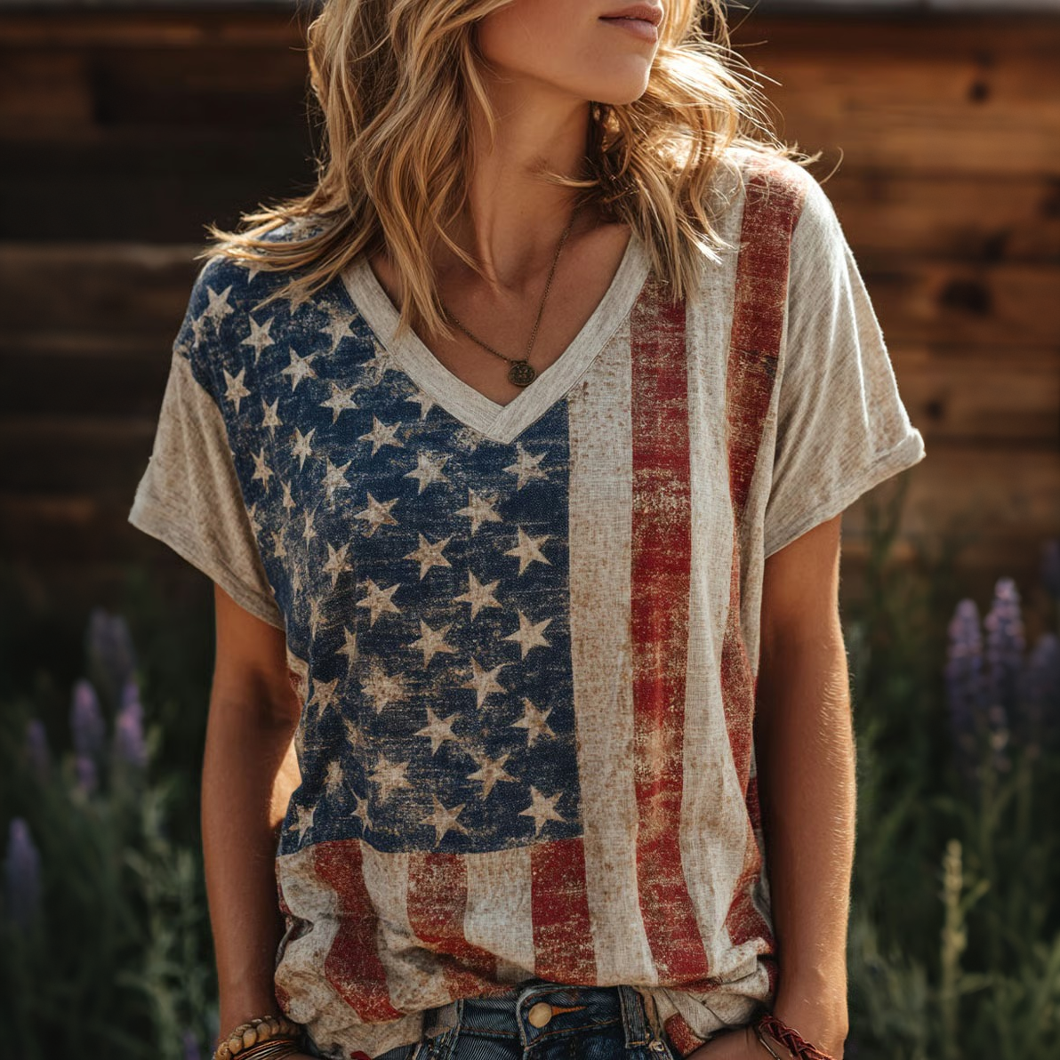 Women'S Retro Leisure Flower Flag Art American Independence Day Celebration Printed V-Neck Linen Short Sleeved T-Shirt
