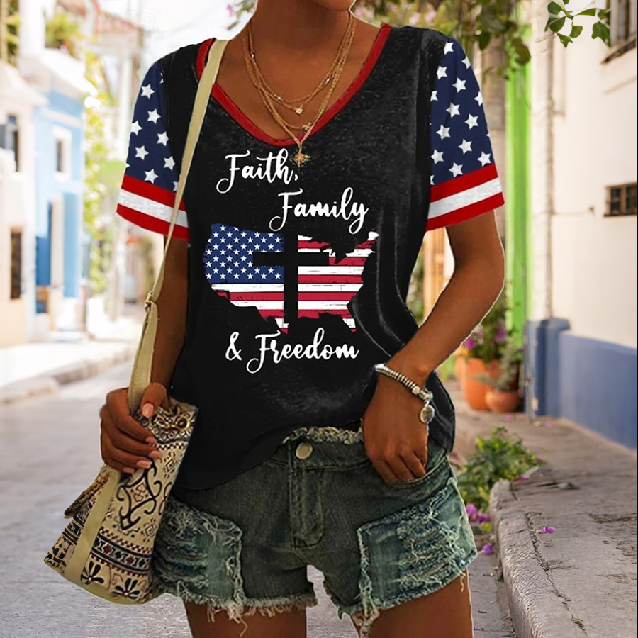 Women'S Casual American Flag Cross Print V-Neck T-Shirt