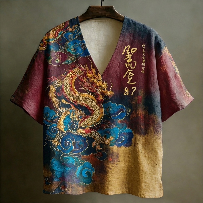 Men's Retro Japanese Dragon And Calligraphy Art Short-sleeve V-neck T-shirt