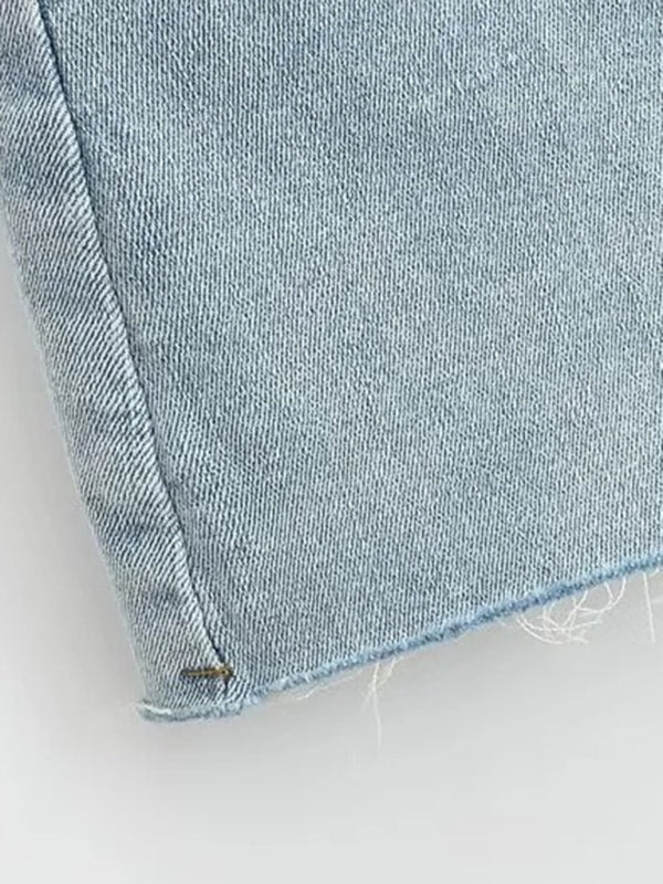 High-Waist Elastic Slim-Fit Distressed Edge A-Line Denim Mini Skirt