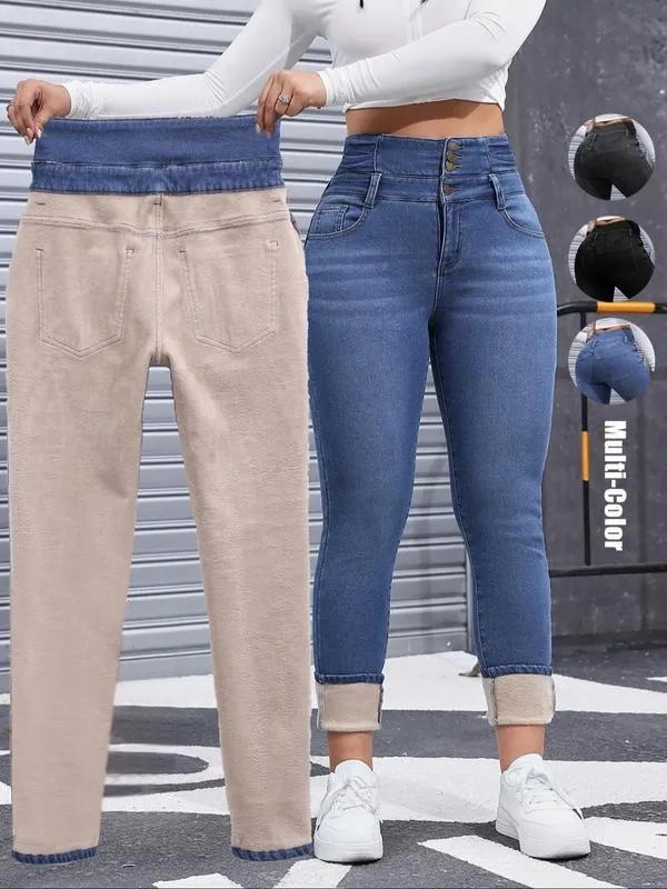 Women's High Elasticity Fleece Lined Thick Denim Jeans