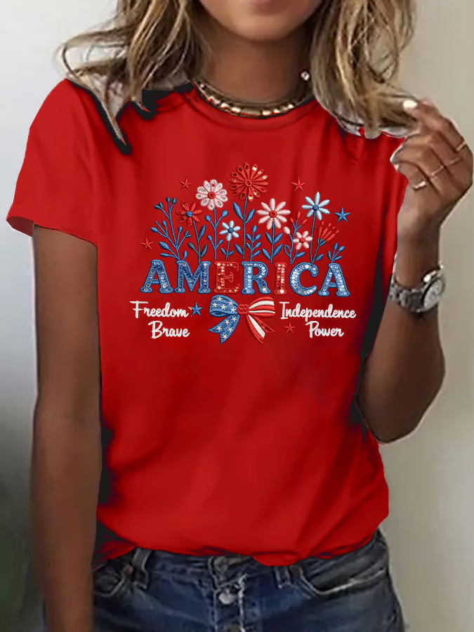America Freedom Floral Graphic Tee with Patriotic Bow