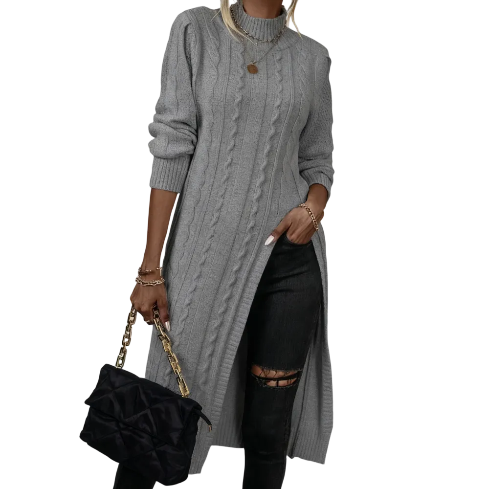 Sweater Mock Neck Split Hem Cable Knit Longline for Fall