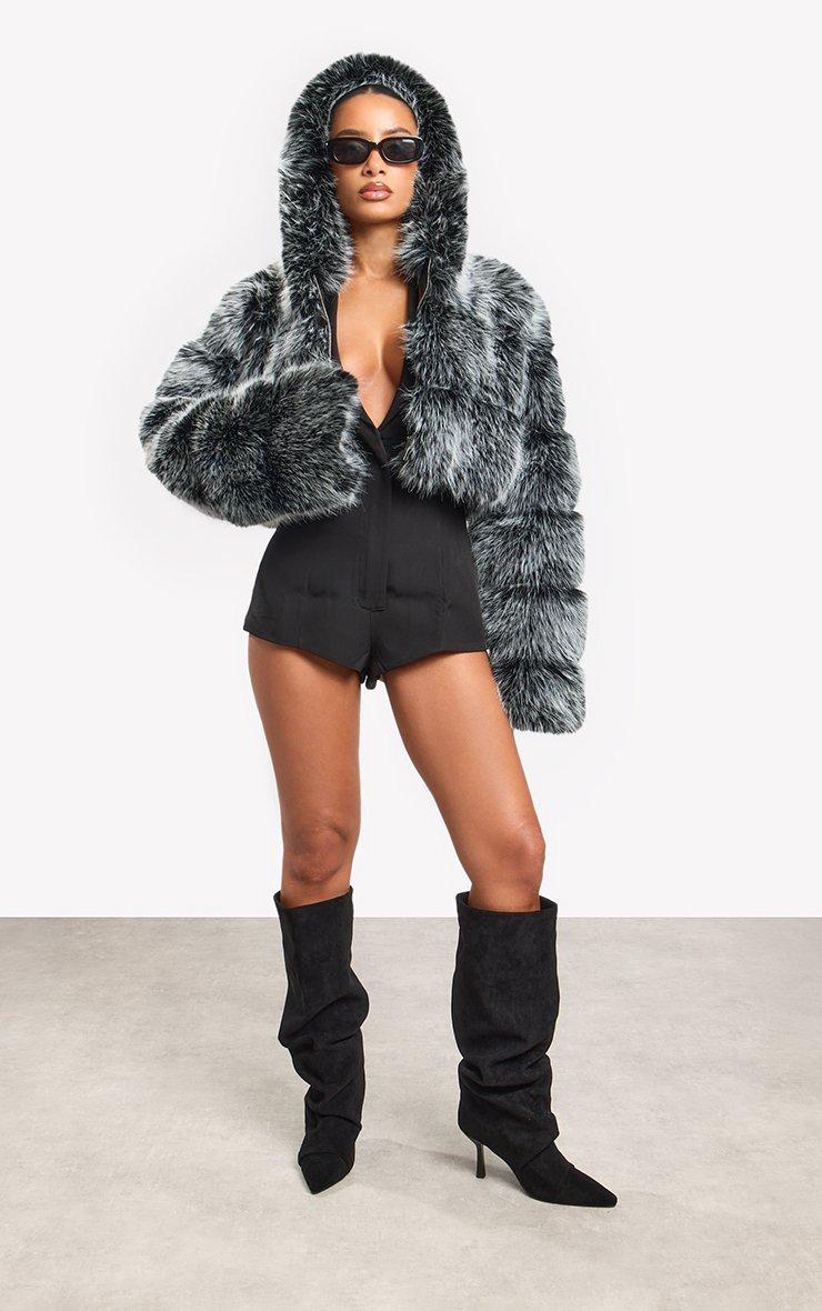 Hooded Cropped Puffer Coat In Brown Faux Fur