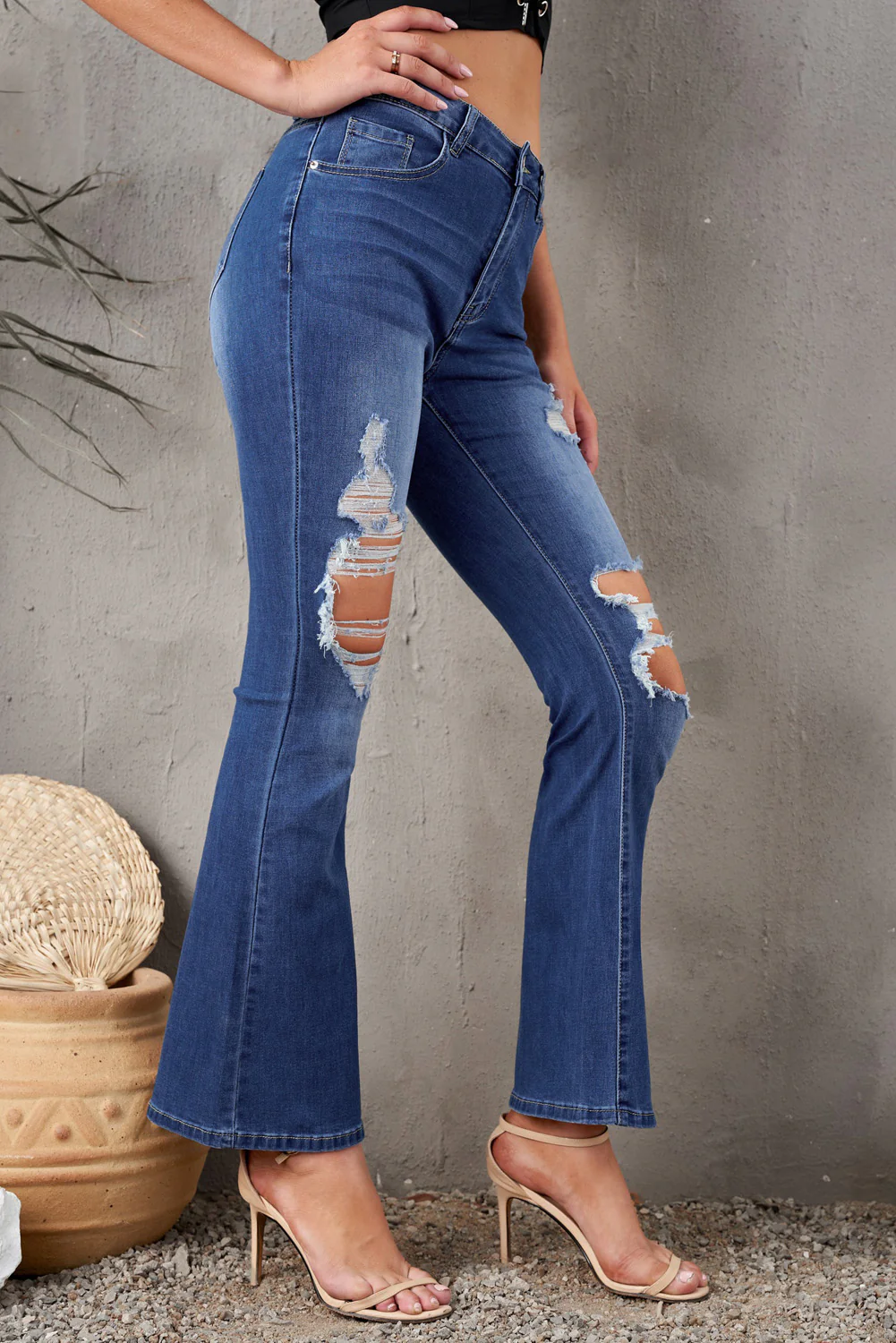 Mid Waist Distressed Flared Jeans