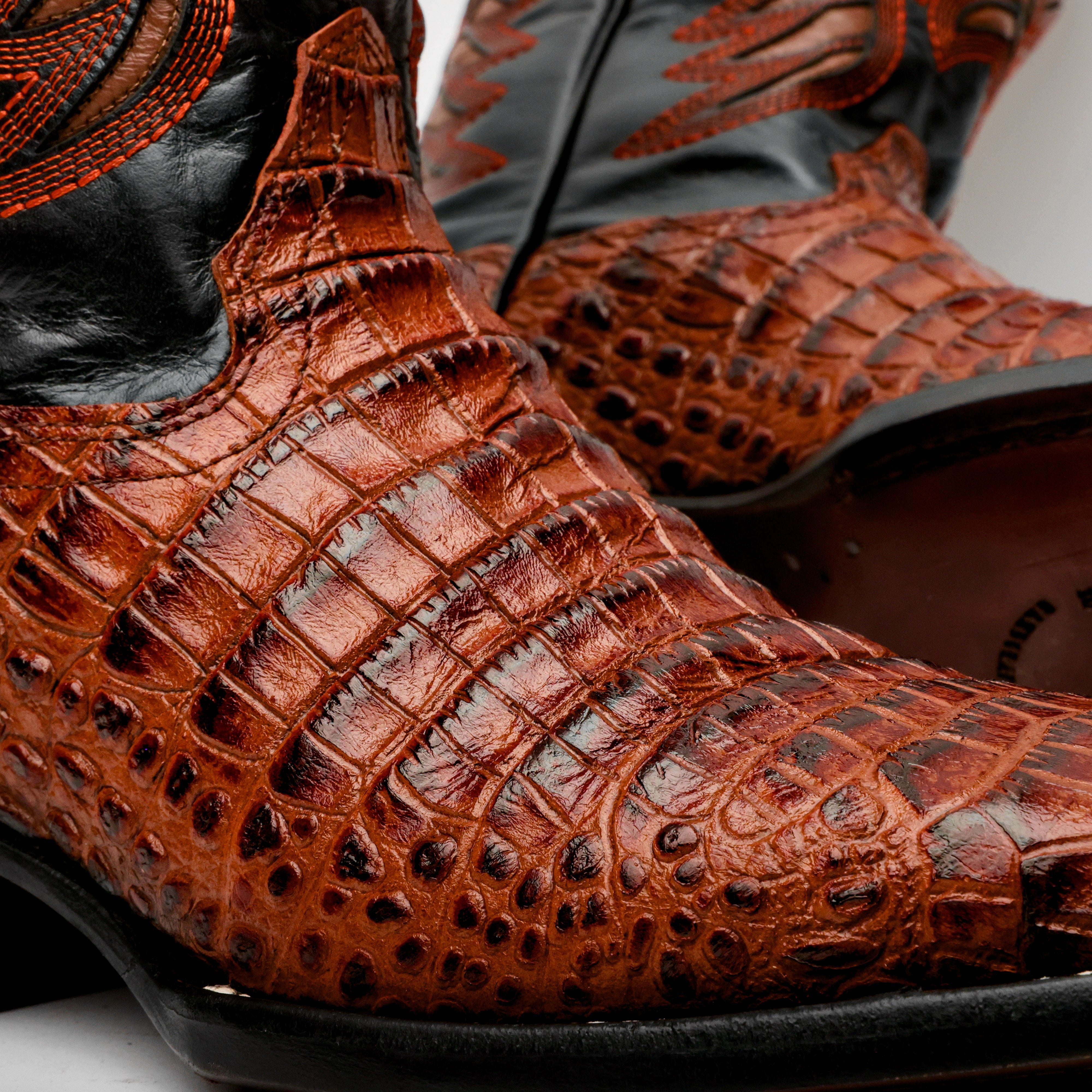 Cognac Caiman Belly Leather Boots - Square Toe