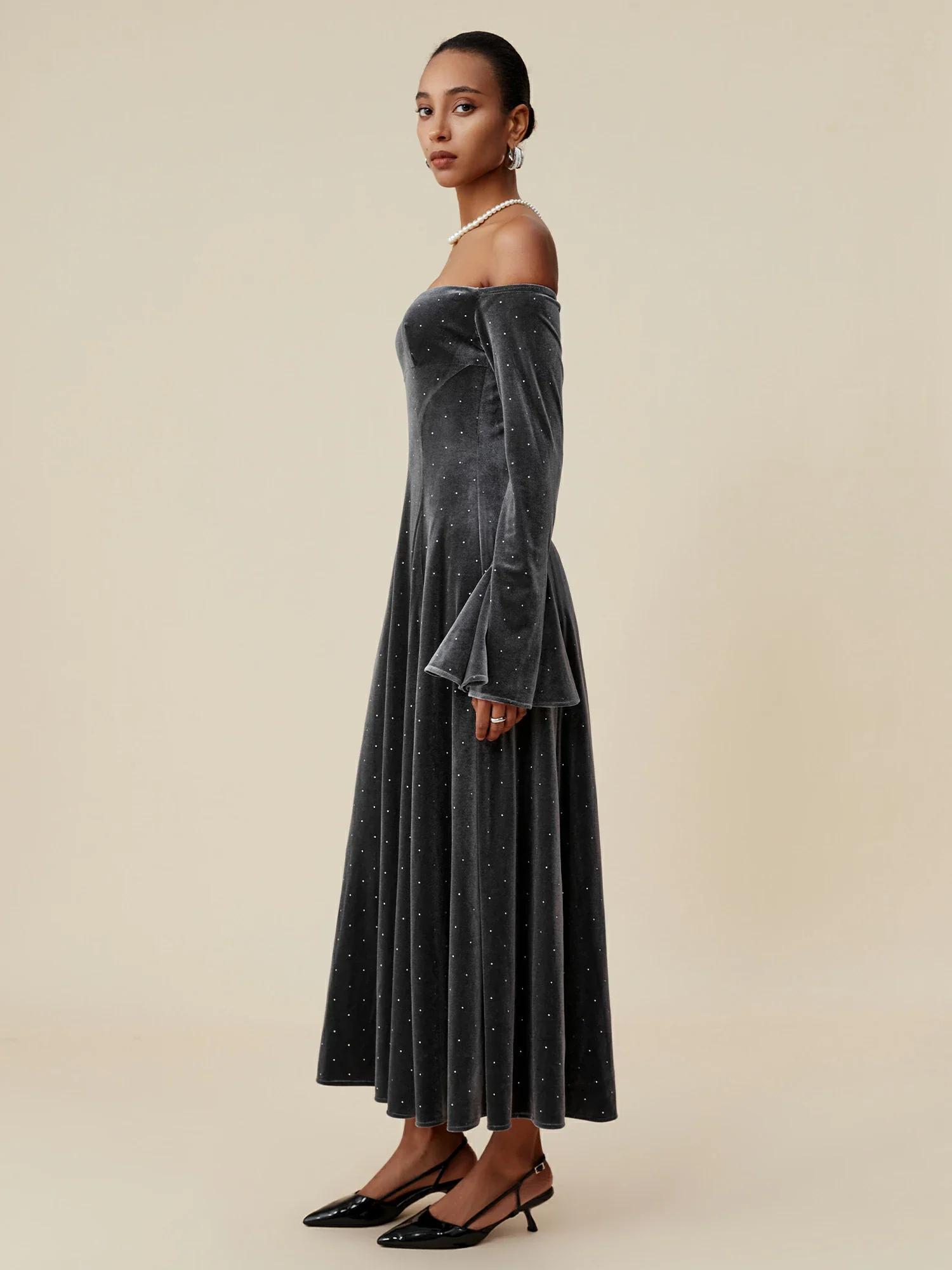 Velvet Rhinestone Long Sleeve Off-Shoulder Dress