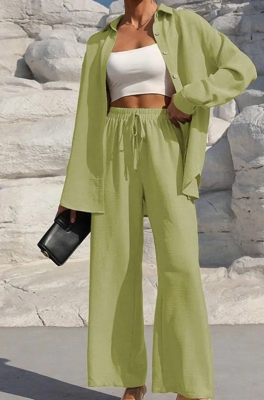 Women's Solid Button Front Shirt & Tie Front Wide Leg Pants (Under $3 a set!)