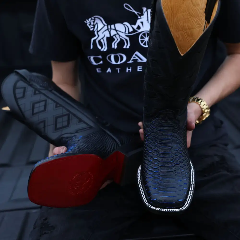 Royal Blue & Black Python Leather Boots - Square Toe