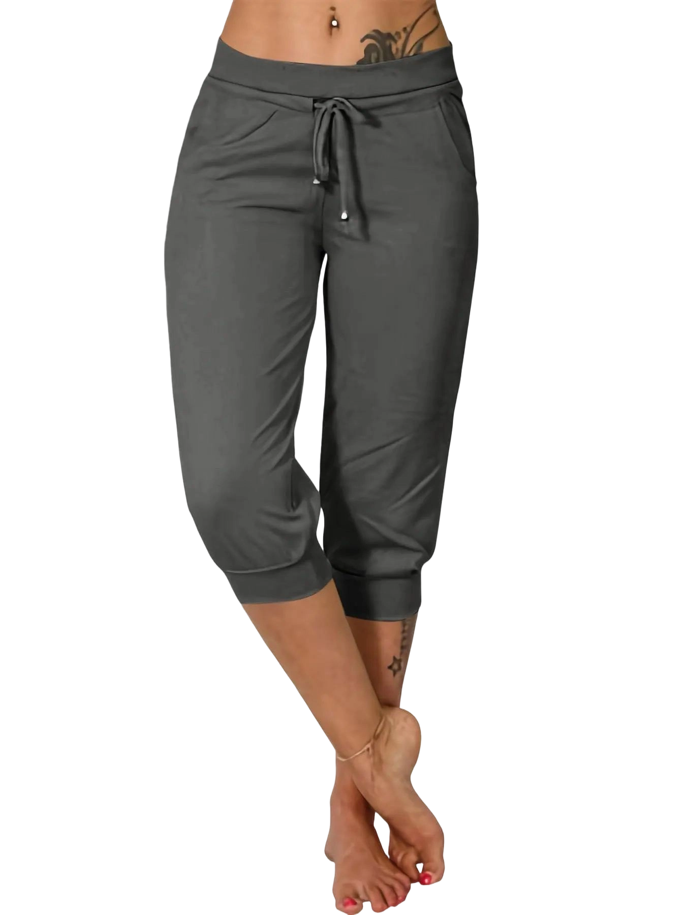 Women's Plain Drawstring Waist Capris Pants, Casual Pocket Trousers for Daily Wear