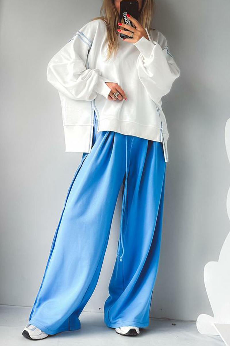 Women Round Neck Spliced Sweatshirt + Drawstring Pants Casual Set
