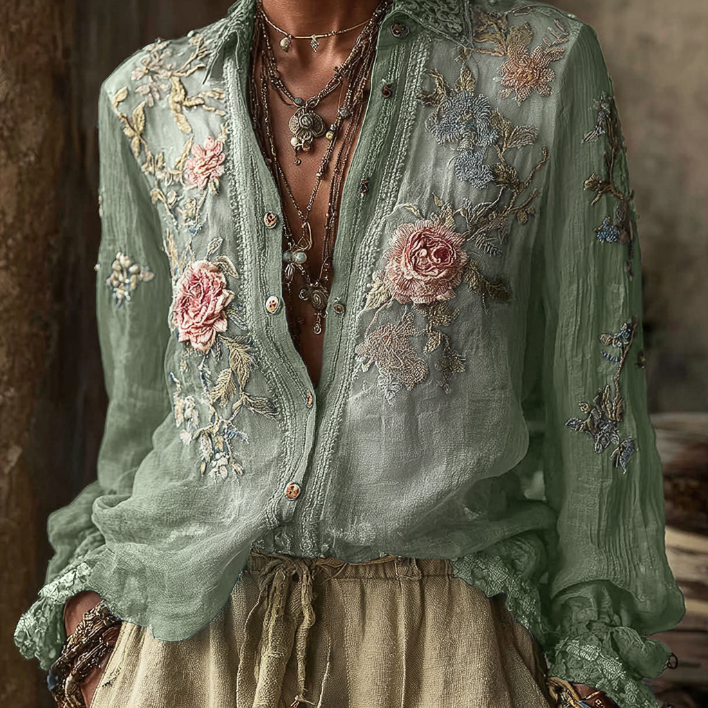 Women's Vintage Bohemian Floral Pattern Linen Long Sleeve Shirt
