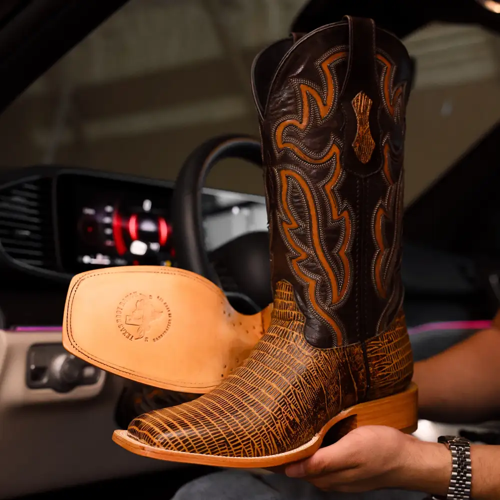 Honey Lizard Leather Boots - Square Toe