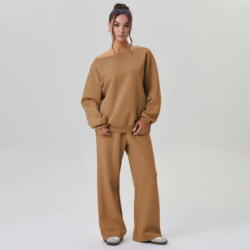 Women's Leisure Solid Color Sloping Shoulder Long Sleeve Top & Wide Leg Trousers Co-ord
