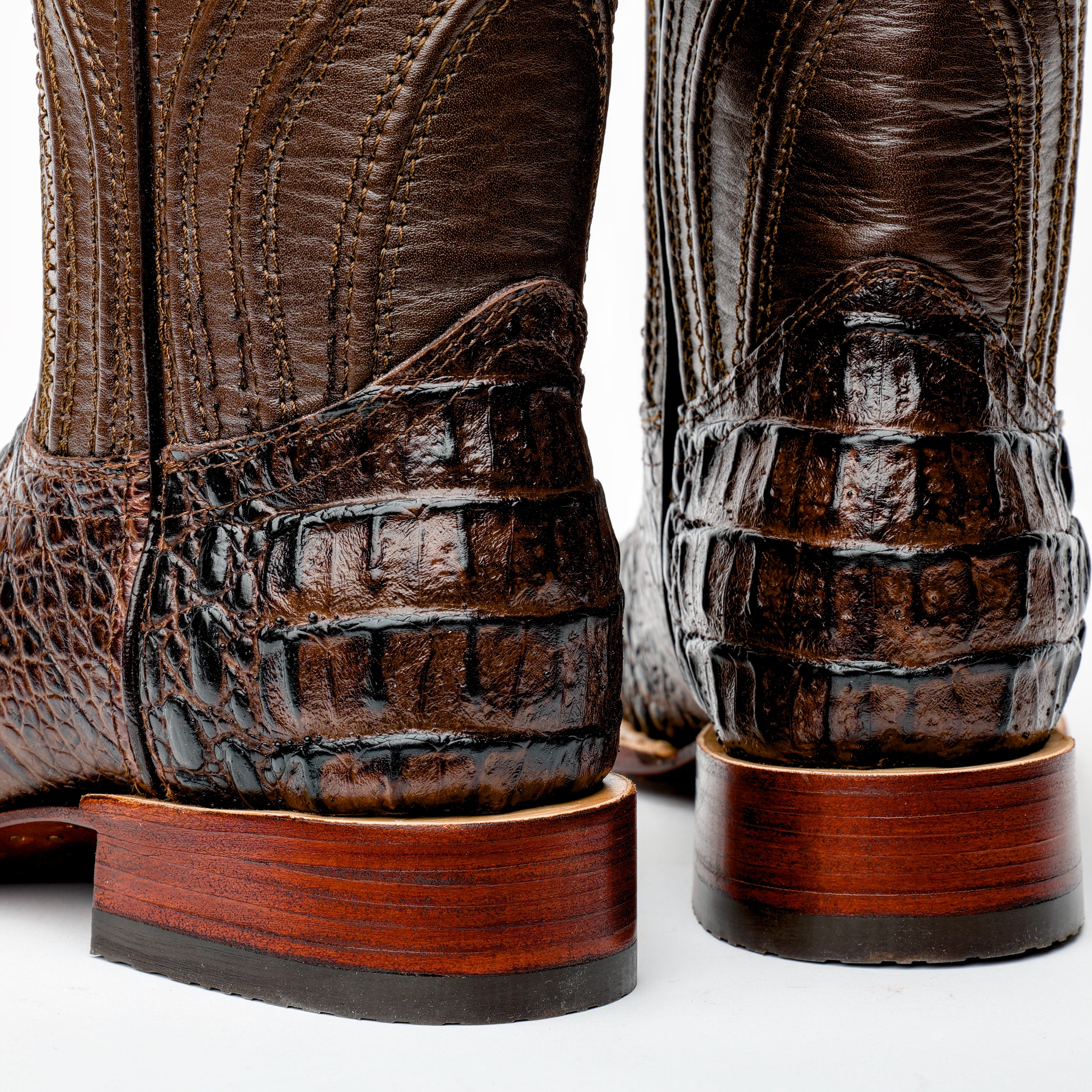 Brown Caiman Neck Leather Boots - Square Toe